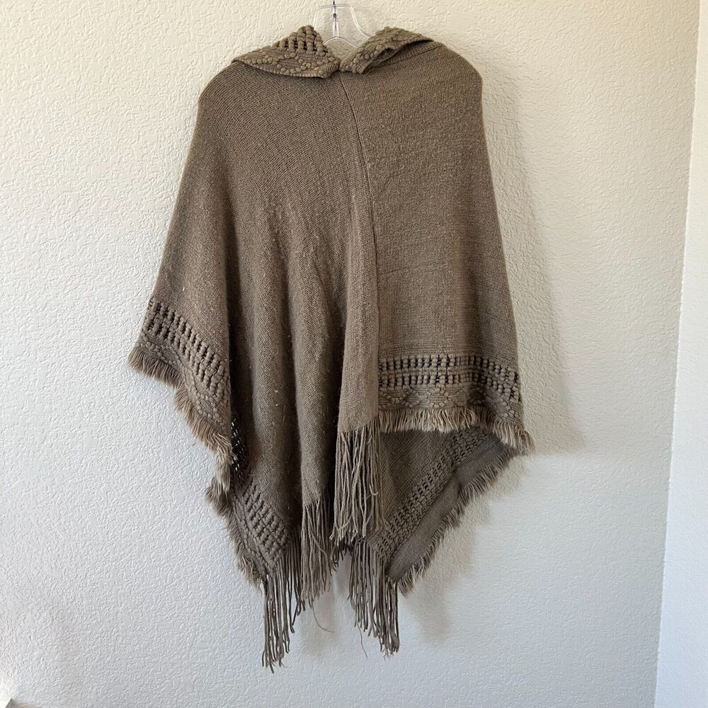 Y2K Love Crazy Hooded Poncho Shawl Brown Knit Fringe Boho Womens Os